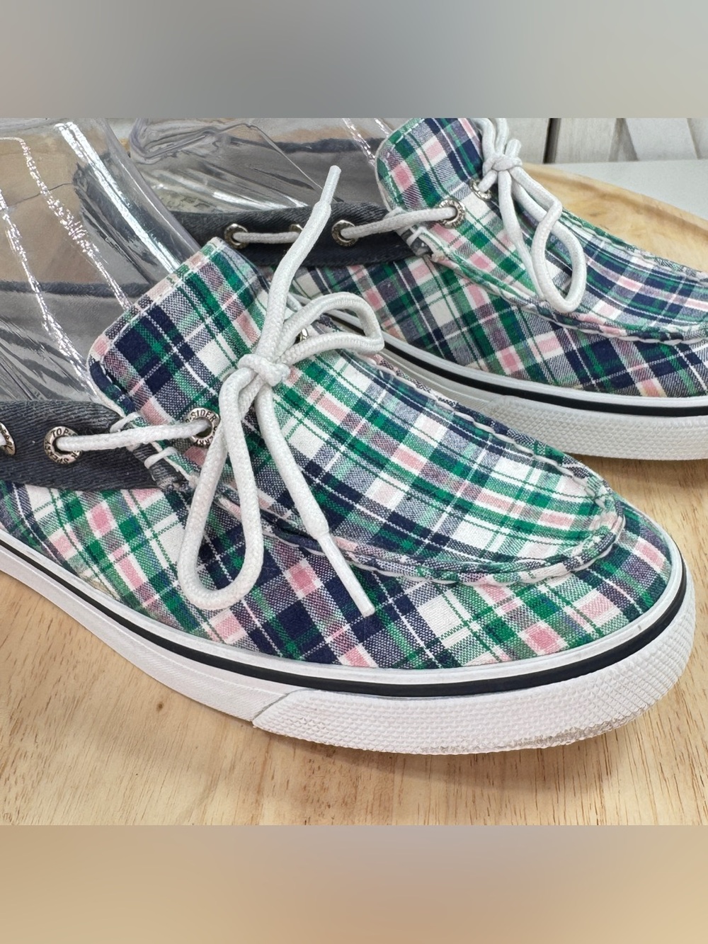 Sperry Plaid Canvas Slip On Mules Boat Shoes Blue Green Pink Women 9 Preppy - Picture 7 of 10